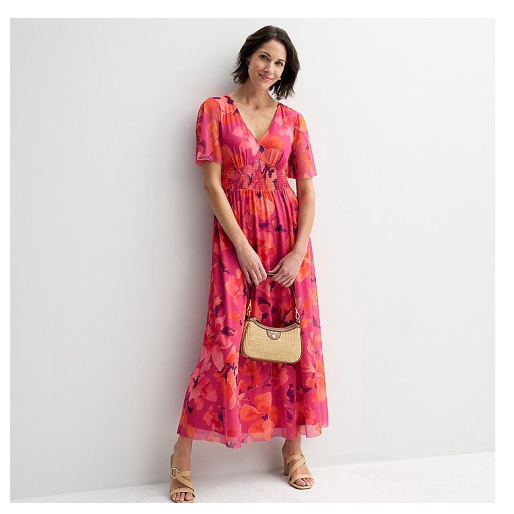 London Times Short Sleeve Smocked Maxi Dress Pink Floral